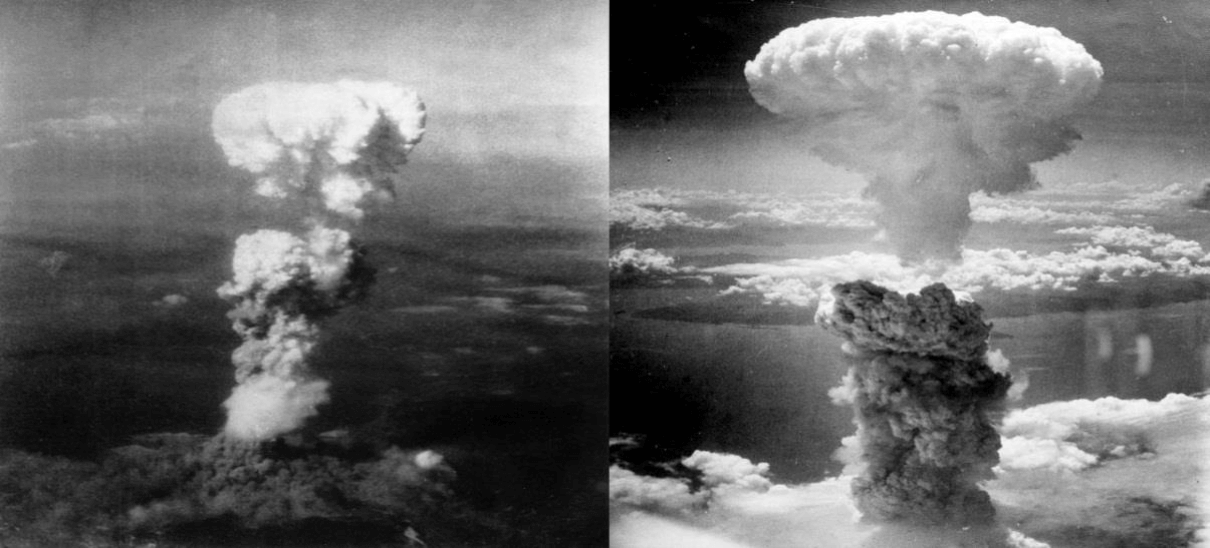 Ledakan bom atom di kota Hiroshima (kiri) dan Nagasaki (kanan) Jepang, pada tahun 1945