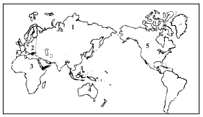 Berdasarkan peta di atas, Benua Asia, Amerika, Afrika, Eropa dan Australia secara berturut-turut ditunjukkan oleh nomor