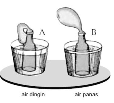 gambar percobaan balon yang dicelupkan pada air dingin dan panas